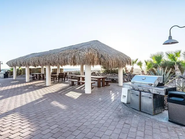 The condominium’s palapa with tables and grills