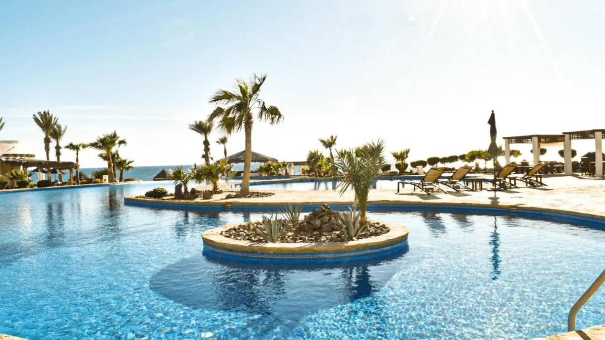 Pool with palm trees at the Luna Blanca condominium